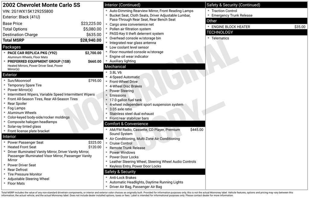 Used 2002 Chevrolet Monte Carlo SS w/ Pace Car Replica Pkg FWD image 24