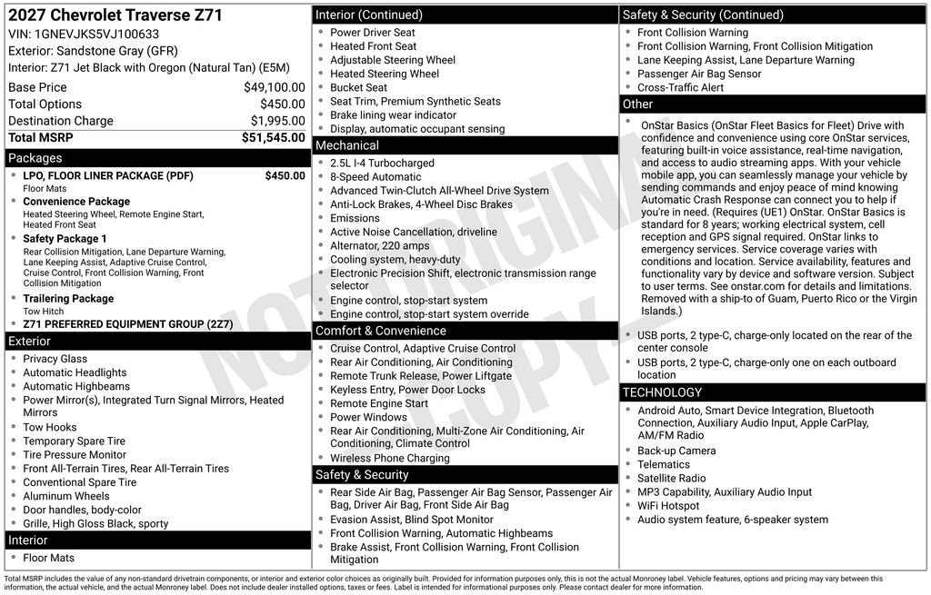 New 2027 Chevrolet Traverse Z71 w/ LPO, Floor Liner Package AWD/4WD image 6