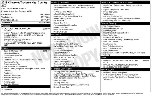 Used 2019 Chevrolet Traverse High Country w/ LPO, Floor Liner Package image 3