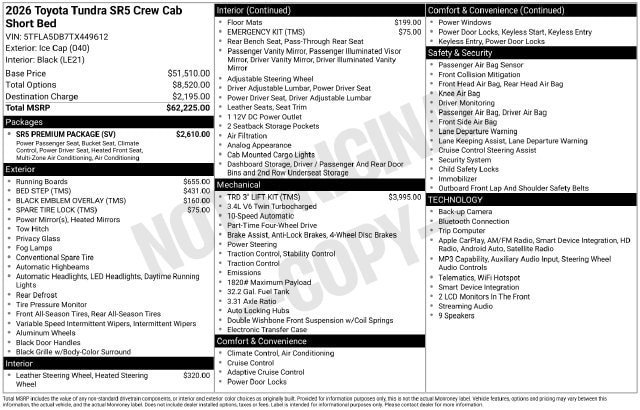 New 2026 Toyota Tundra SR5 w/ SR5 Premium Package