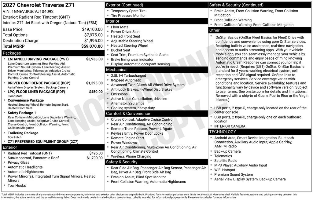 New 2027 Chevrolet Traverse Z71 w/ Enhanced Driving Package AWD/4WD image 3