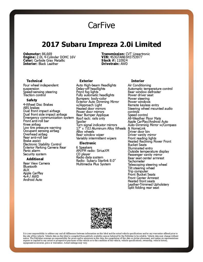 Used 2017 Subaru Impreza 2.0i Limited w/ Popular Package #4A AWD/4WD image 27