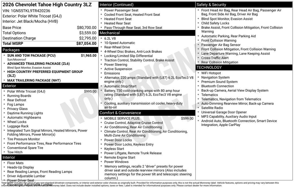 New 2026 Chevrolet Tahoe High Country w/ Sun And Tow Package