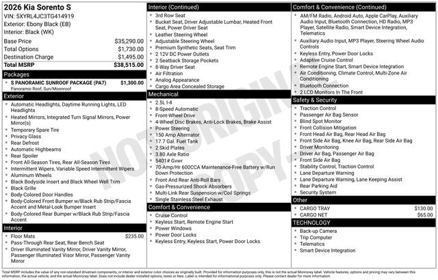 New 2026 Kia Sorento S w/ S Panoramic Sunroof Package FWD image 4