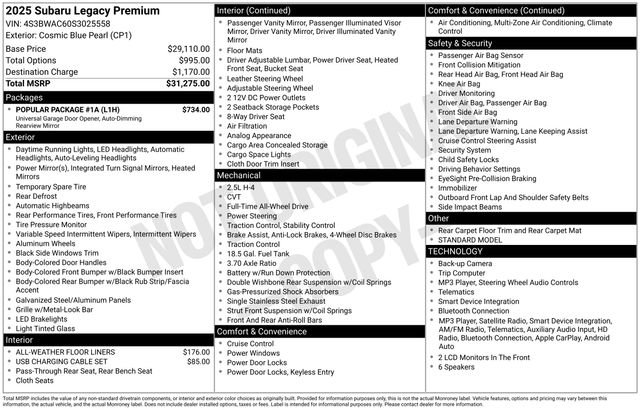 Certified 2025 Subaru Legacy Premium w/ Popular Package #1A AWD/4WD image 37