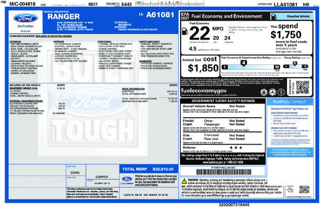 Used 2020 Ford Ranger XL w/ Equipment Group 101A Mid AWD/4WD image 19
