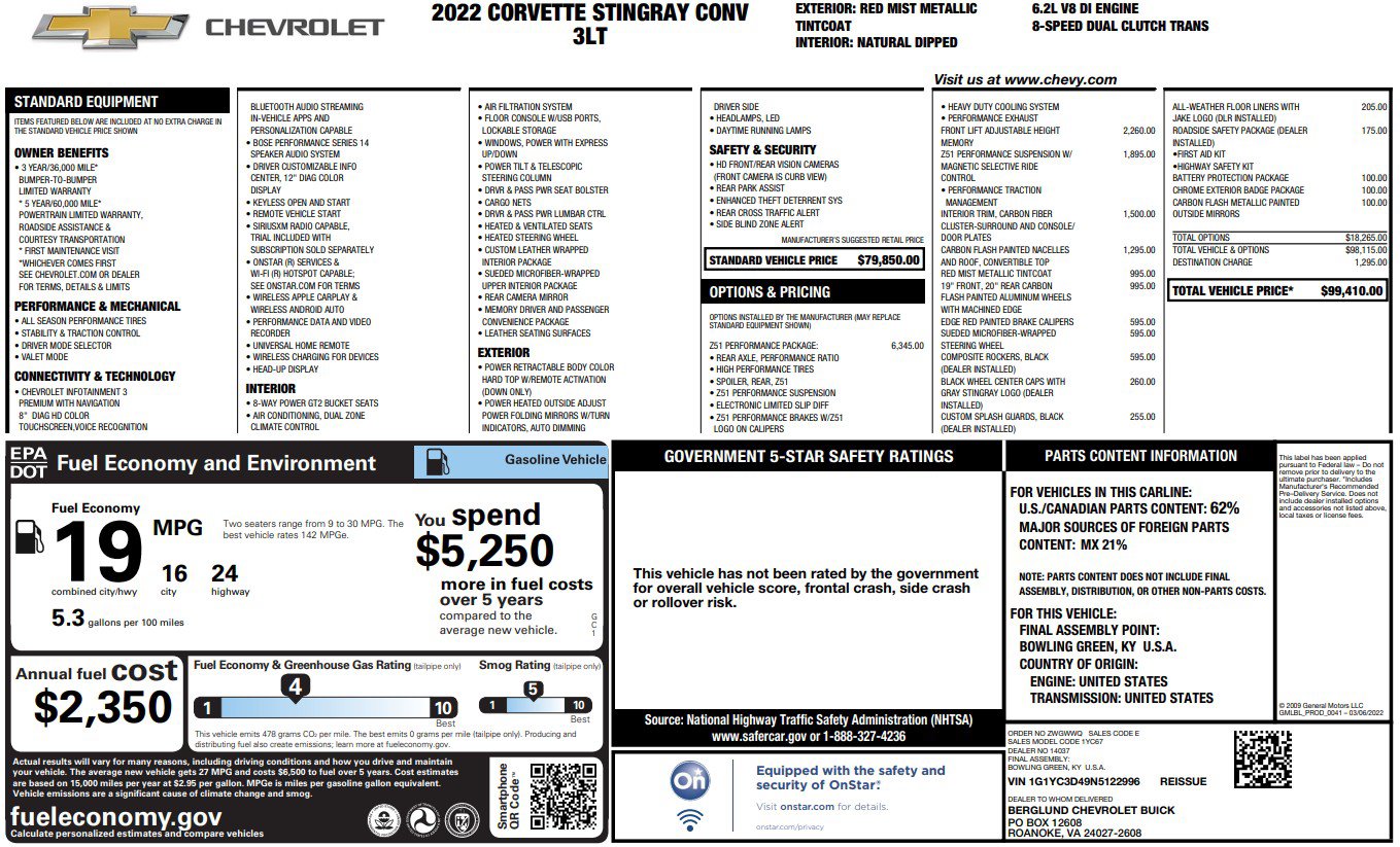 Used 2022 Chevrolet Corvette Stingray Premium Conv w/ Z51 Performance Package RWD image 26