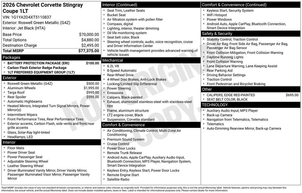 New 2026 Chevrolet Corvette Stingray Coupe w/ Battery Protection Package image 10