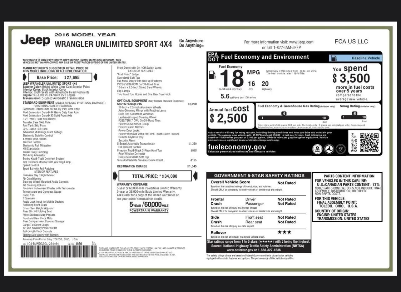 Used 2016 Jeep Wrangler Unlimited Sport w/ Quick Order Package 24S image 18