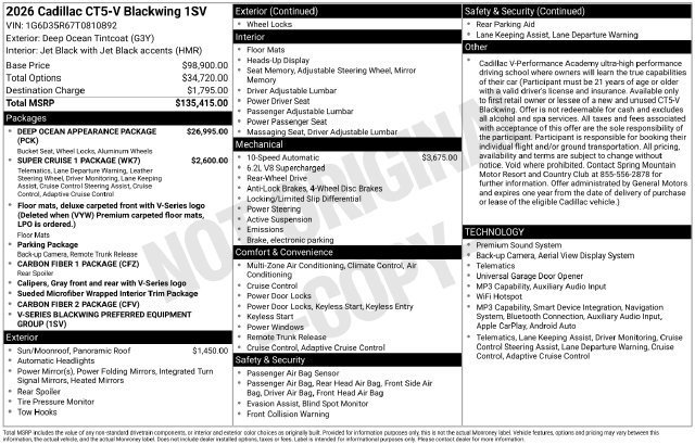 Certified 2026 Cadillac CT5 V Blackwing w/ Deep Ocean Appearance Package RWD image 34