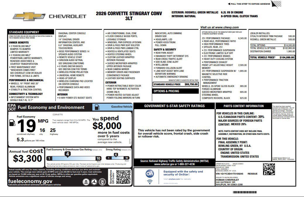 New 2026 Chevrolet Corvette Stingray Premium Conv w/ Z51 Performance Package image 33