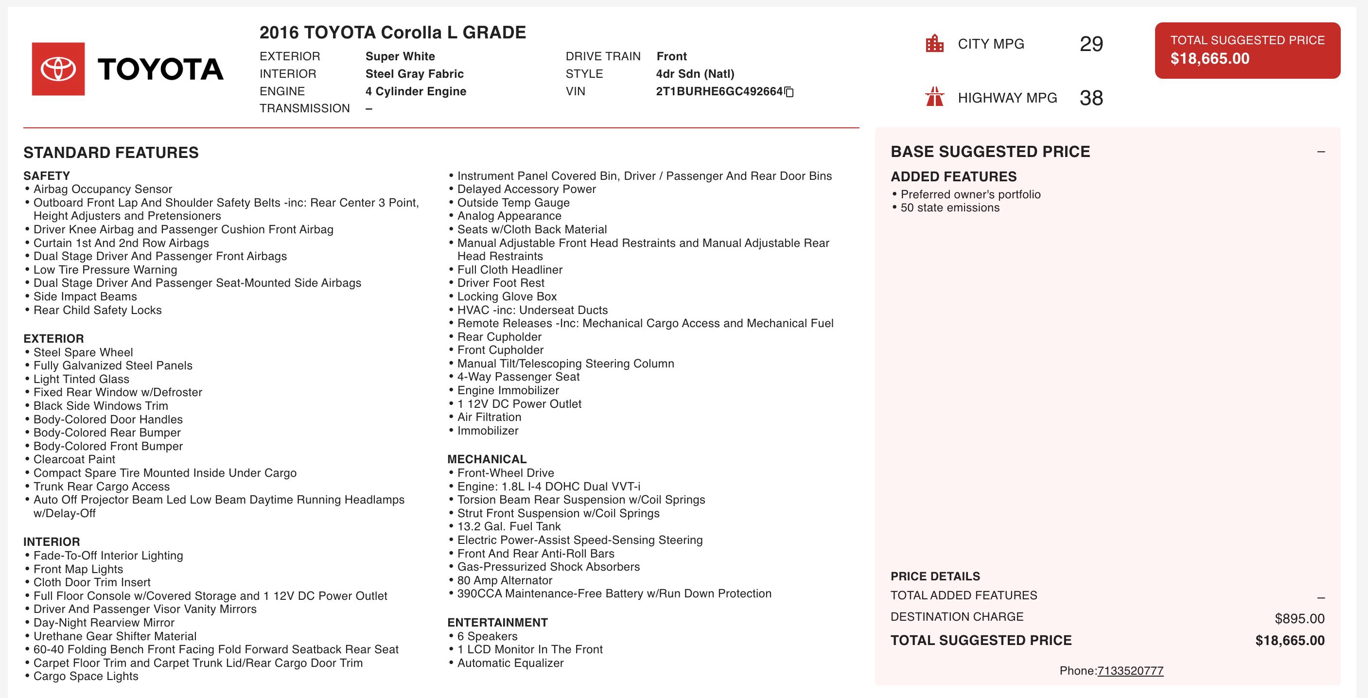 Used 2016 Toyota Corolla L image 2