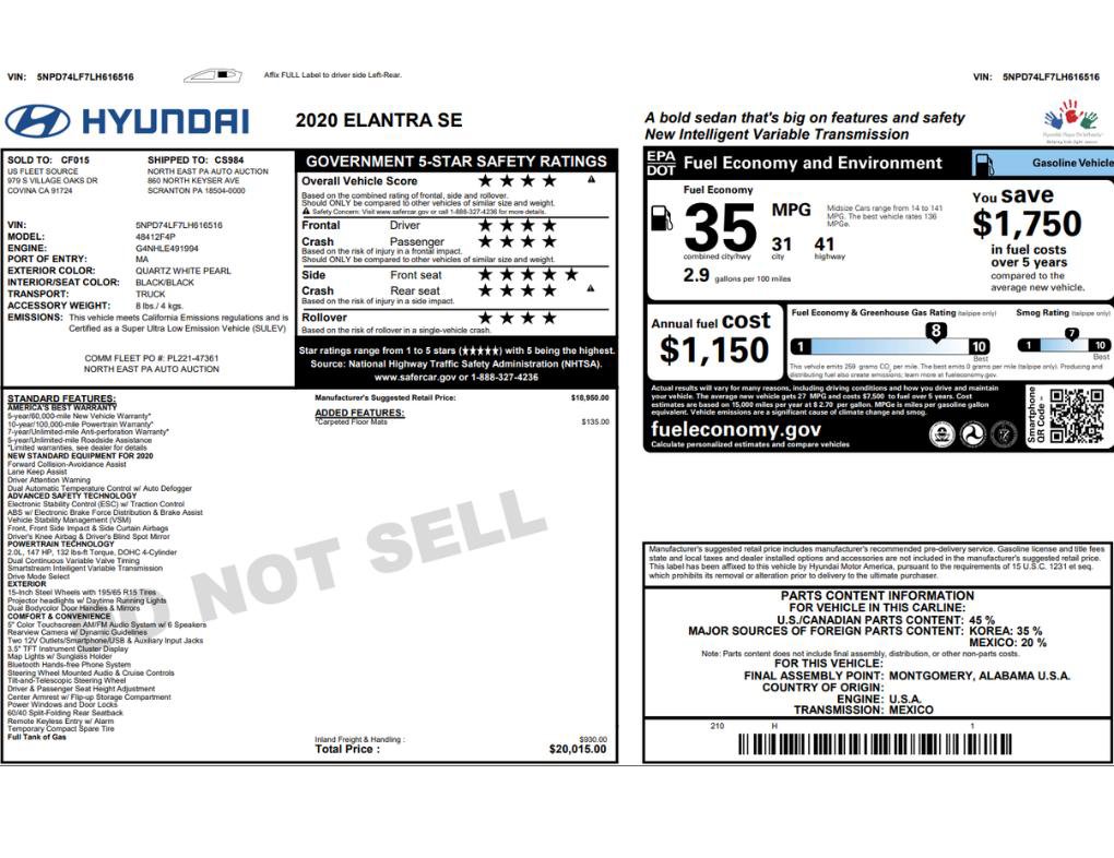 Used 2020 Hyundai Elantra SE w/ Cargo Package (C1) FWD image 2