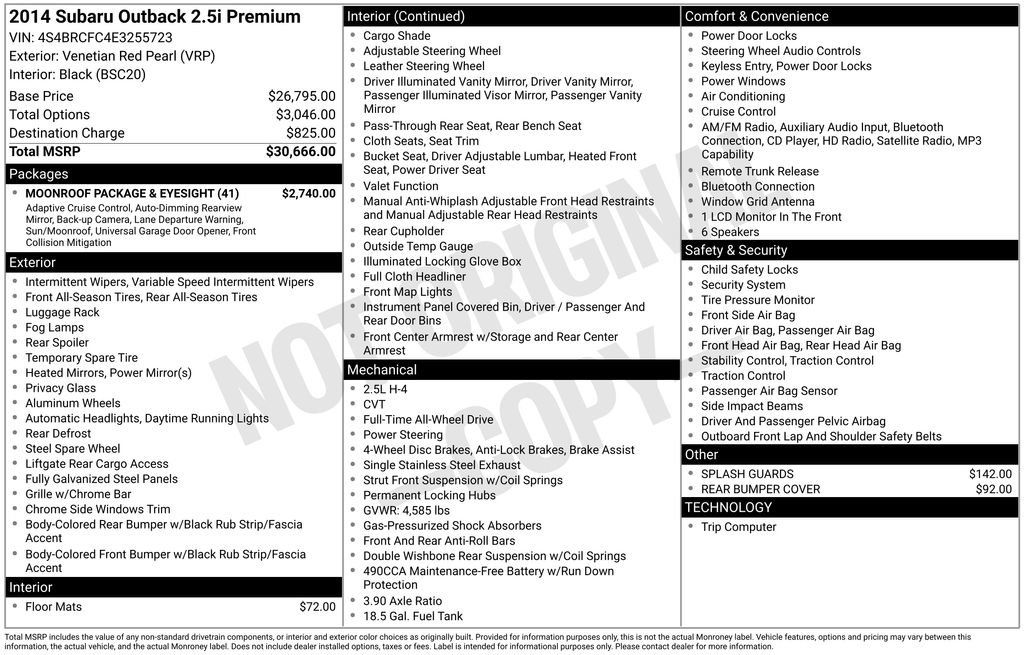 Used 2014 Subaru Outback 2.5i Premium w/ Moonroof Package & Eyesight image 9