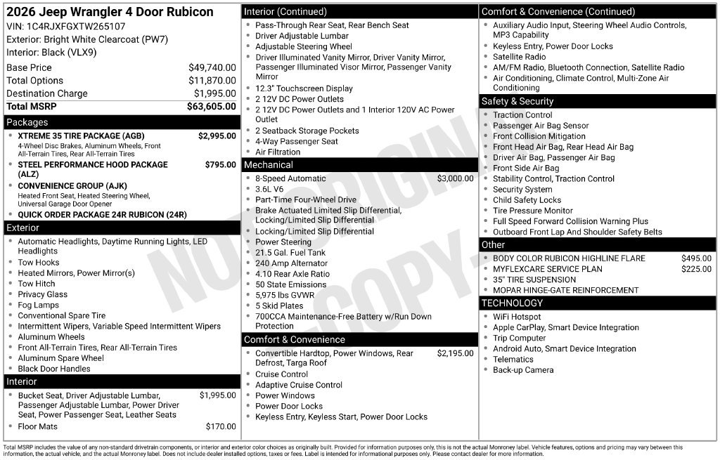 New 2026 Jeep Wrangler Unlimited Rubicon w/ Xtreme 35 Tire Package AWD/4WD image 9