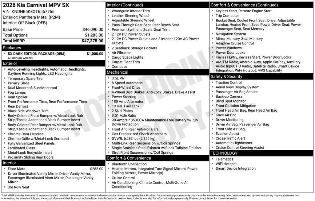 New 2026 Kia Carnival SX w/ SX Dark Edition Package image 1