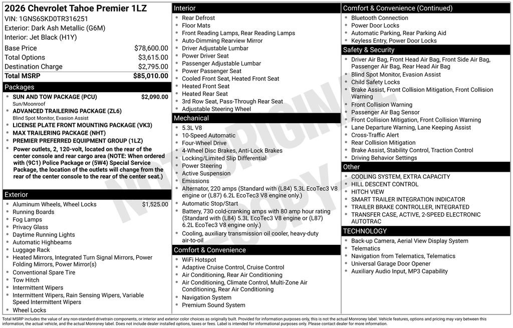 New 2026 Chevrolet Tahoe Premier w/ Sun And Tow Package AWD/4WD image 4