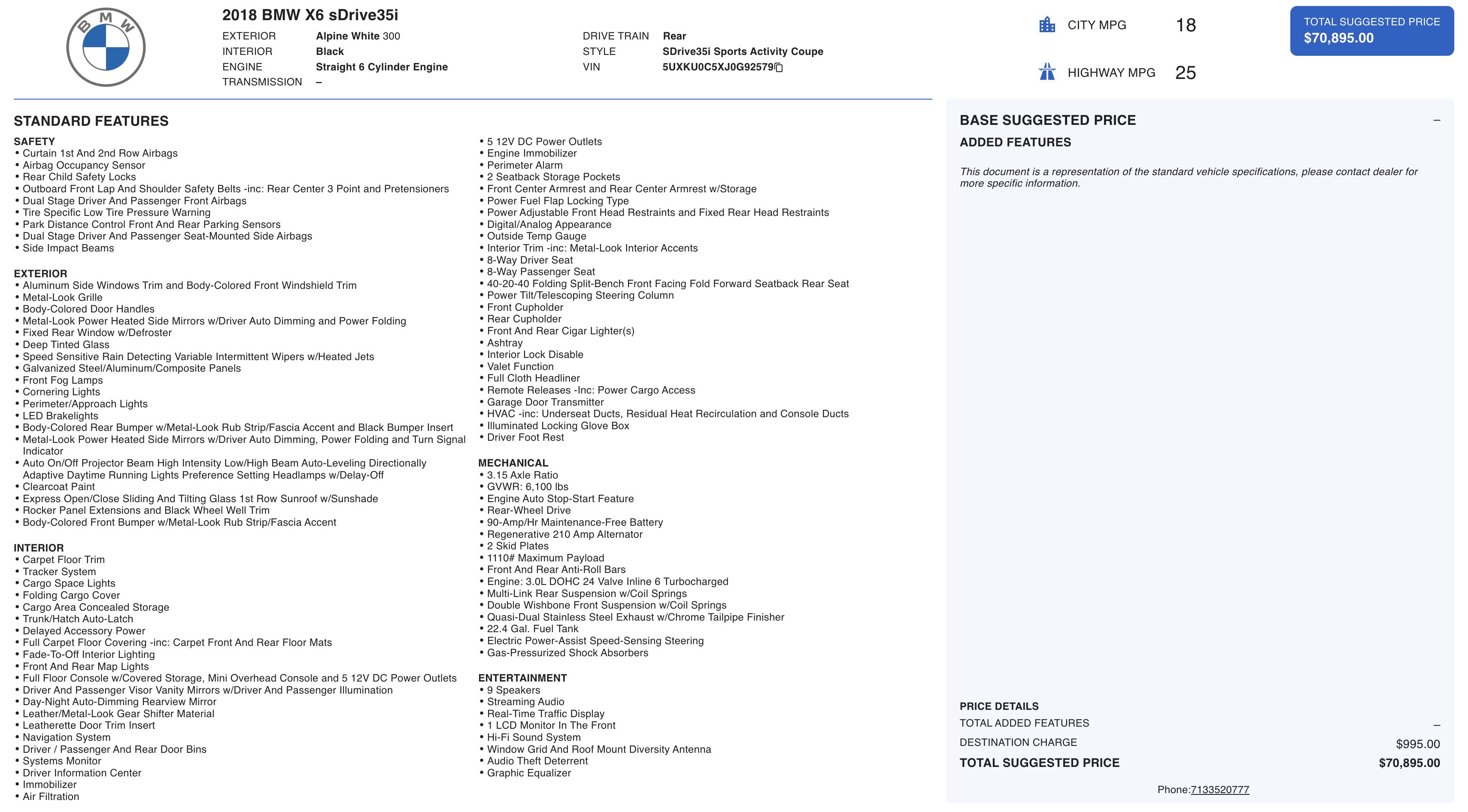 Used 2018 BMW X6 sDrive35i w/ M Sport Package image 2