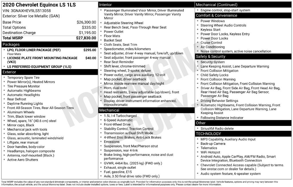 Used 2020 Chevrolet Equinox LS w/ LPO, Floor Liner Package FWD image 27