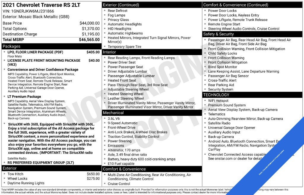 Used 2021 Chevrolet Traverse RS w/ LPO, Floor Liner Package FWD image 9