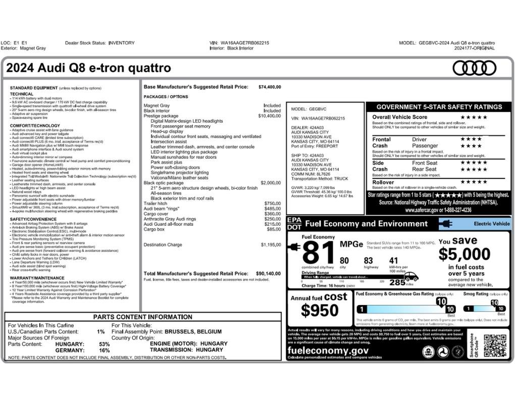Used 2024 Audi Q8 e-tron Prestige w/ Prestige Package image 2