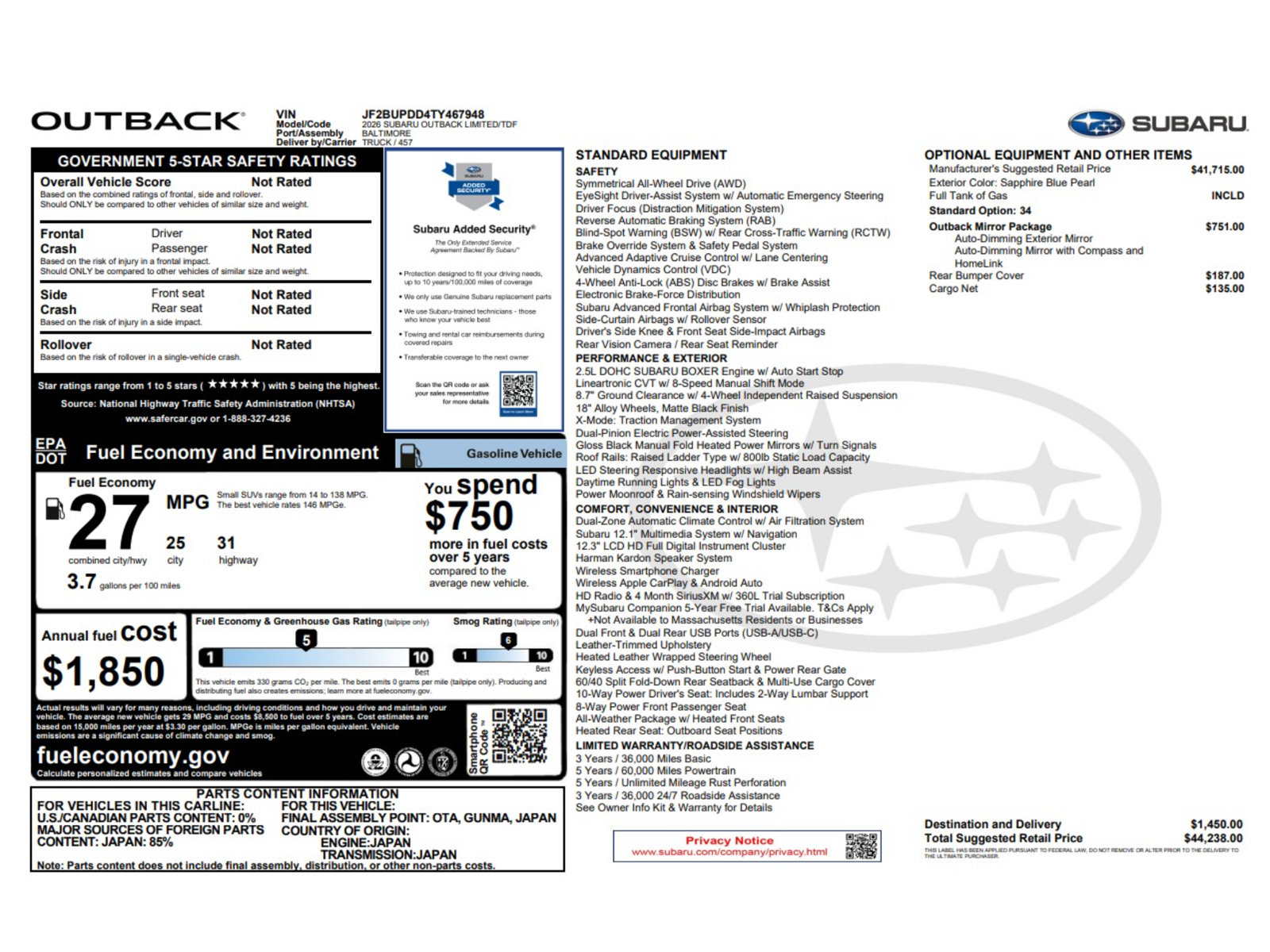 Used 2026 Subaru Outback Limited AWD/4WD image 7