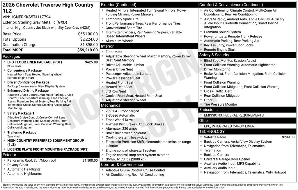 New 2026 Chevrolet Traverse High Country w/ LPO, Floor Liner Package image 6