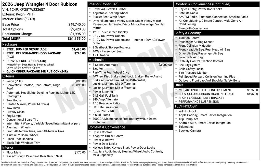 New 2026 Jeep Wrangler Unlimited Rubicon w/ Steel Bumper Group AWD/4WD image 30
