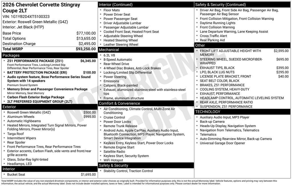 New 2026 Chevrolet Corvette Stingray Preferred Cpe w/ Z51 Performance Package RWD image 11