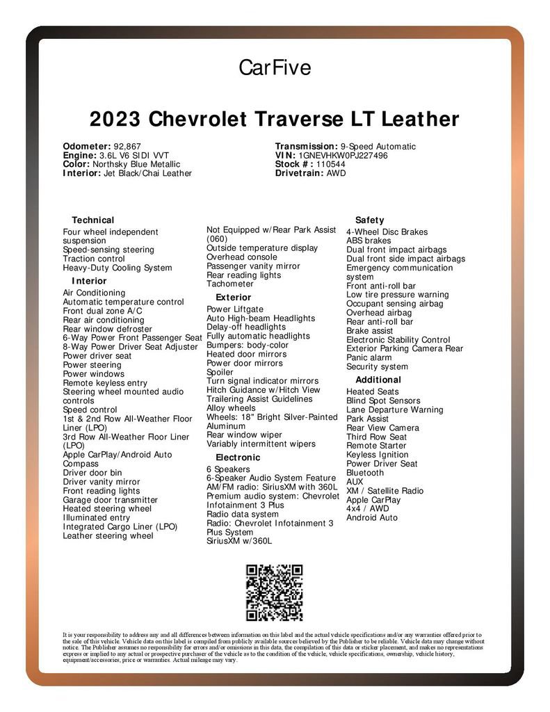 Used 2023 Chevrolet Traverse LT w/ LPO, Floor Liner Package AWD/4WD image 30