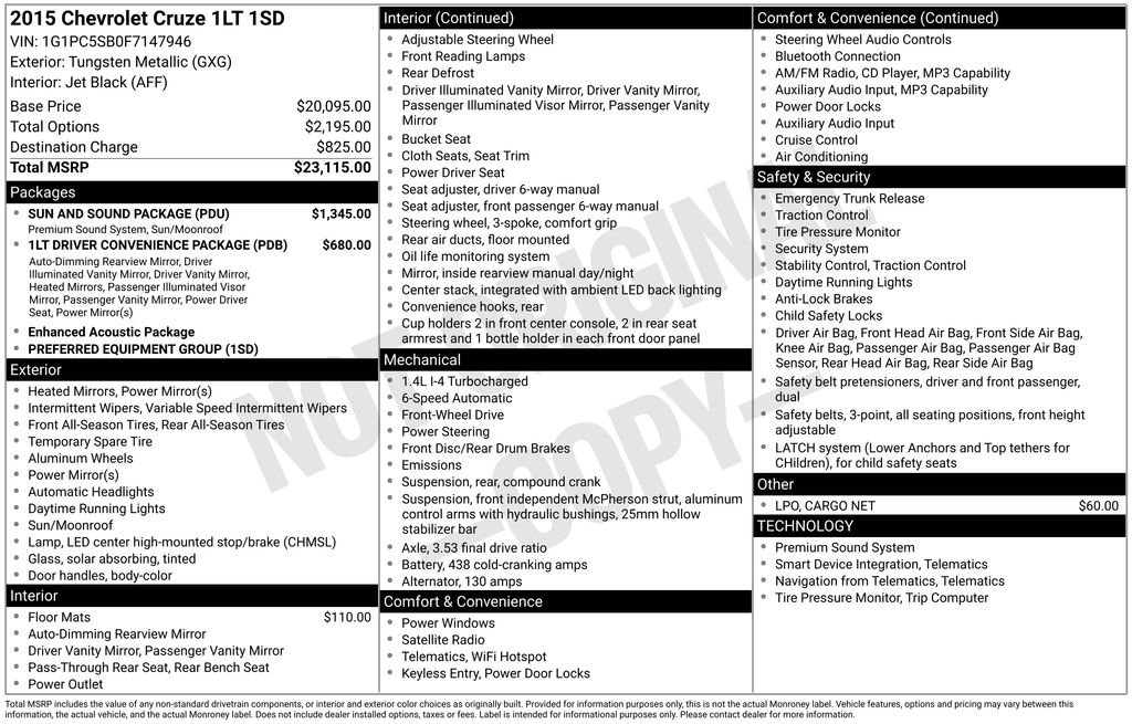 Used 2015 Chevrolet Cruze LT w/ Sun And Sound Package FWD image 6