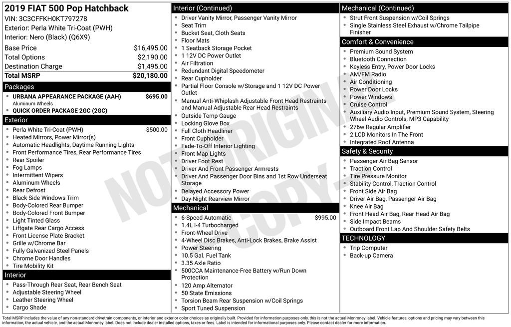 Used 2019 FIAT 500 Pop w/ Urbana Appearance Package FWD image 6
