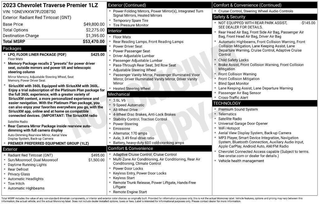Used 2023 Chevrolet Traverse Premier w/ LPO, Floor Liner Package AWD/4WD image 47