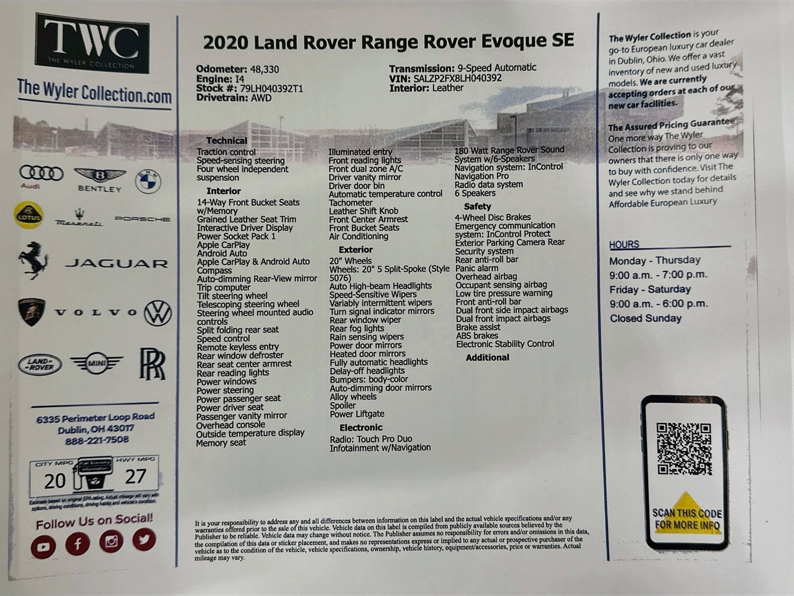 Used 2020 Land Rover Range Rover Evoque SE AWD/4WD image 47