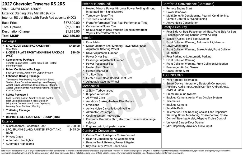 New 2027 Chevrolet Traverse RS w/ LPO, Floor Liner Package AWD/4WD image 8