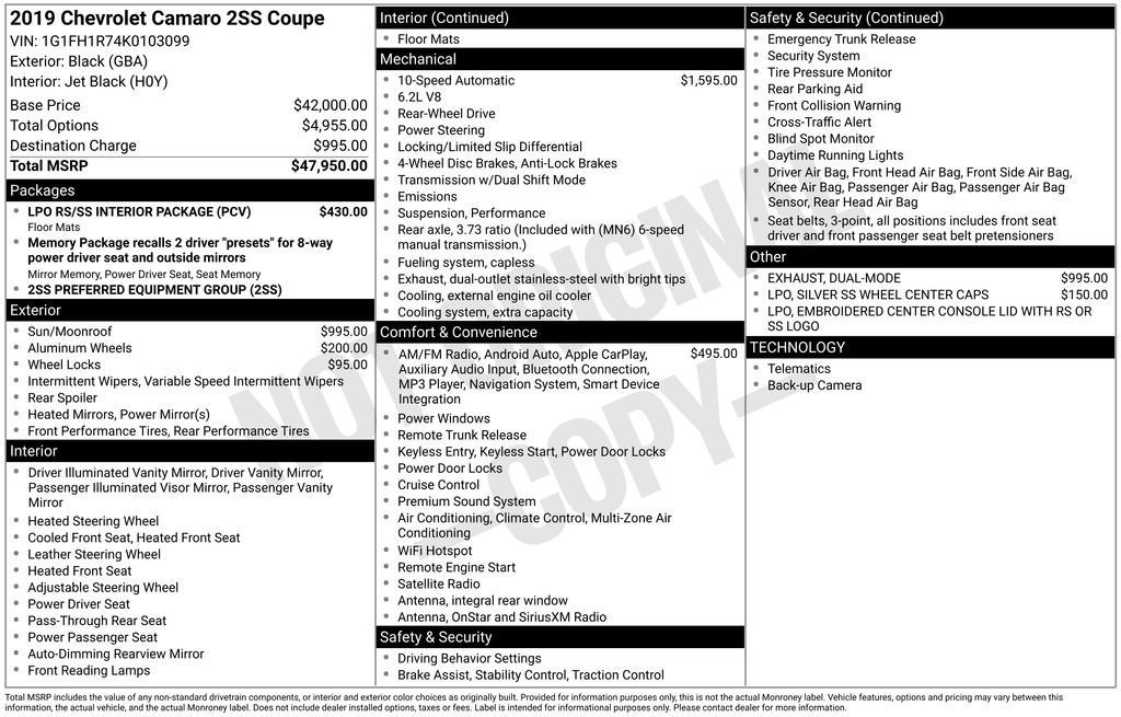 Used 2019 Chevrolet Camaro SS w/ LPO RS/SS Interior Package image 10