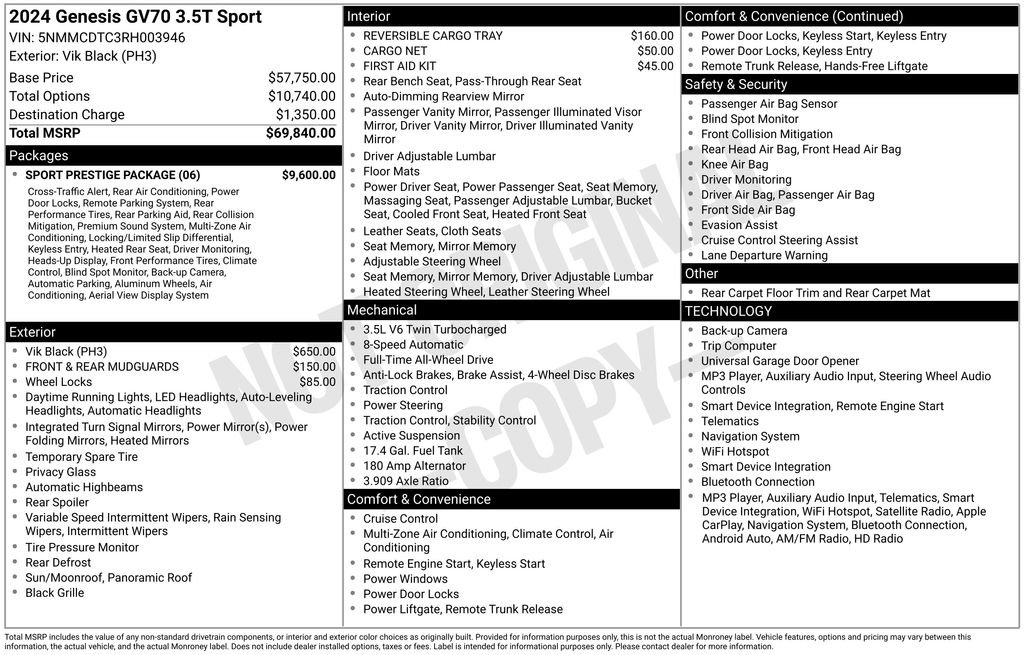 Used 2024 Genesis GV70 3.5T Sport w/ Sport Prestige Package AWD/4WD image 3