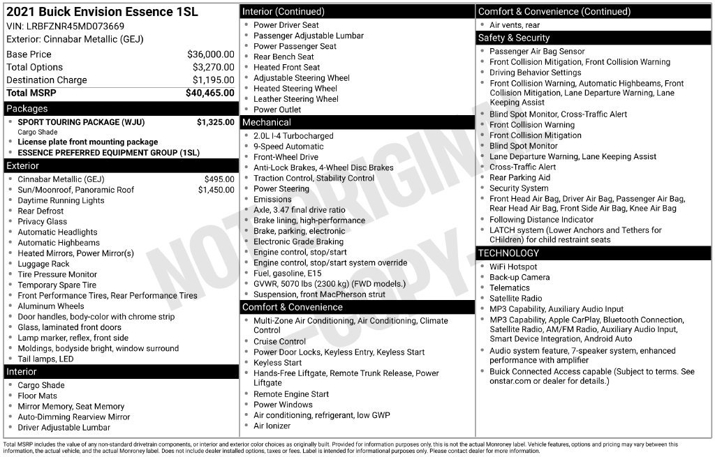 Used 2021 Buick Envision Essence w/ Sport Touring Package FWD image 17