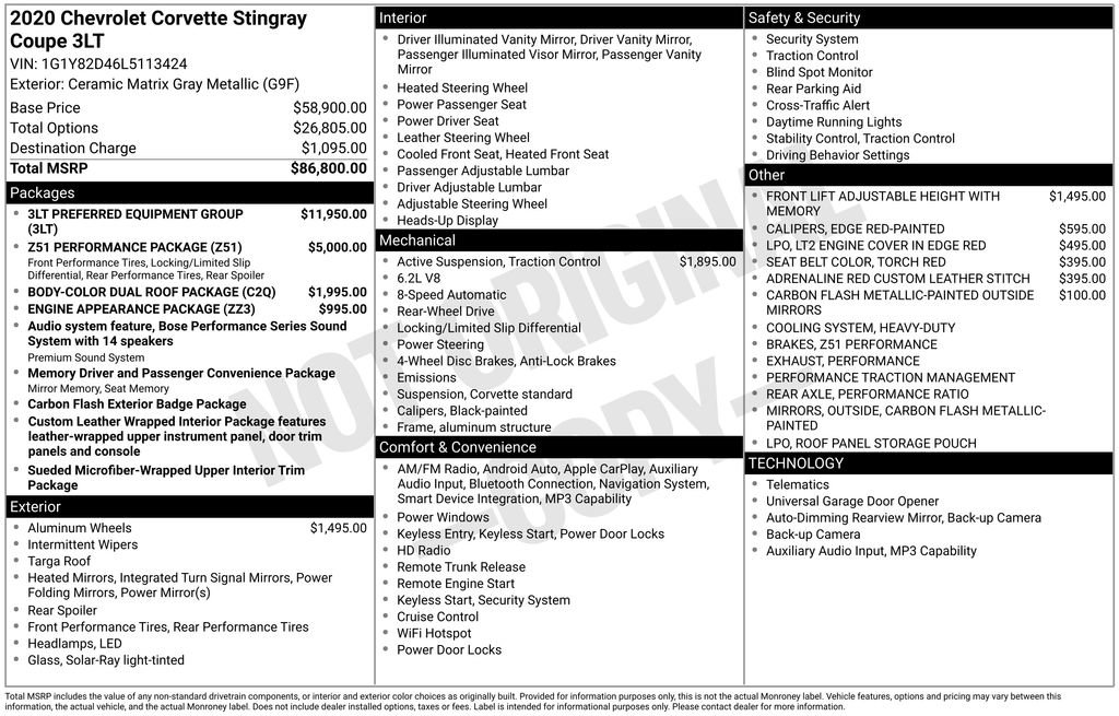 Certified 2020 Chevrolet Corvette Stingray Premium Cpe w/ 3LT Preferred Equipment Group RWD image 3