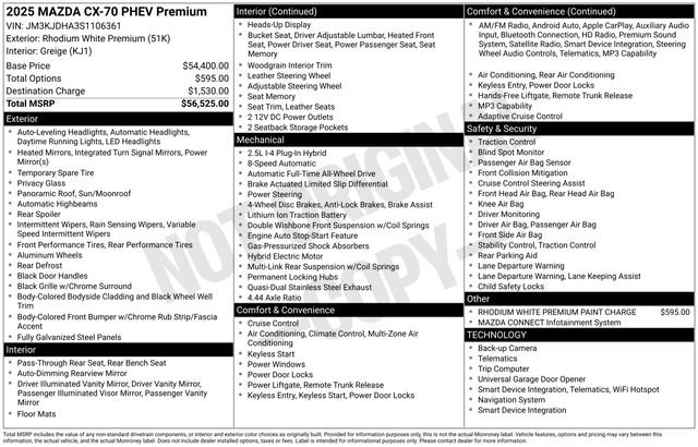 Used 2025 MAZDA CX-70 Plug-In Hybrid w/ Premium Pkg