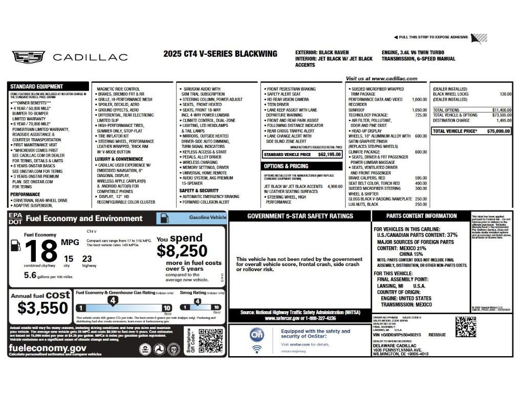 Certified 2025 Cadillac CT4 V Blackwing w/ Technology Package image 59