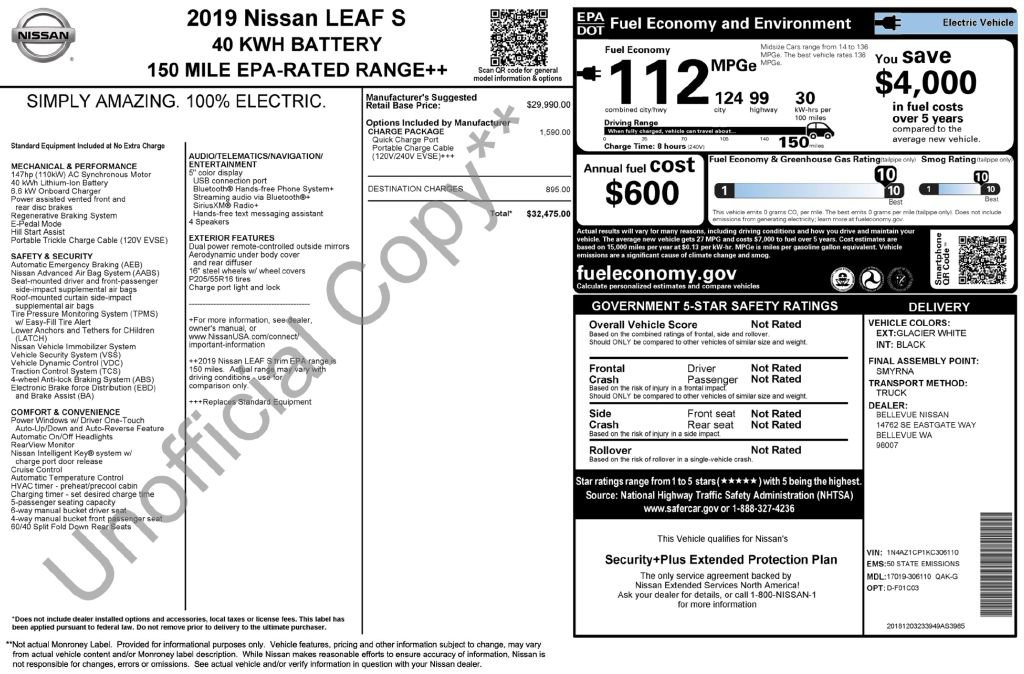 Used 2019 Nissan Leaf S w/ S Charge Package FWD image 3