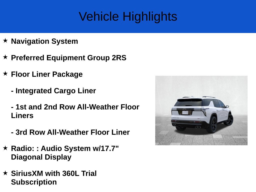 New 2026 Chevrolet Traverse RS w/ LPO, Floor Liner Package AWD/4WD image 2