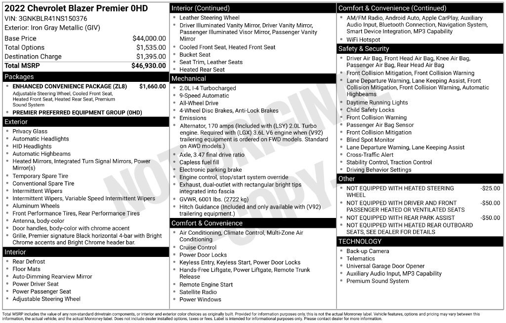 Used 2022 Chevrolet Blazer Premier w/ Enhanced Convenience Package AWD/4WD image 2