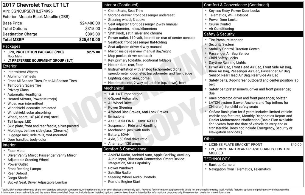 Used 2017 Chevrolet Trax LT w/ LPO, Protection Package AWD/4WD image 11