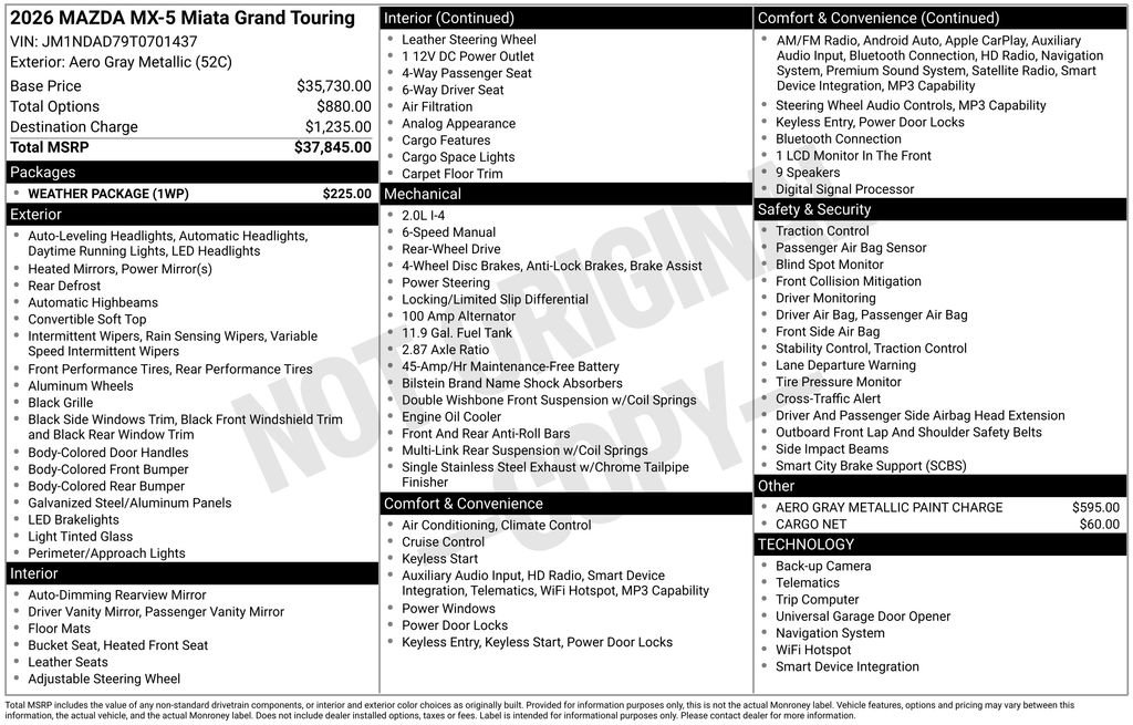 New 2026 MAZDA MX-5 Miata Grand Touring w/ Weather Package RWD image 32