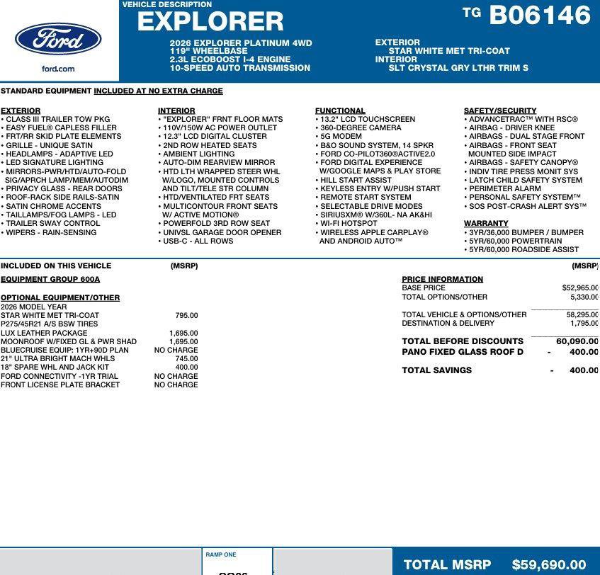 New 2026 Ford Explorer Platinum w/ LUX Leather Package image 2