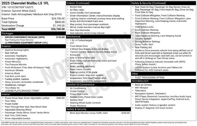 New 2025 Chevrolet Malibu LS w/ Driver Confidence Package