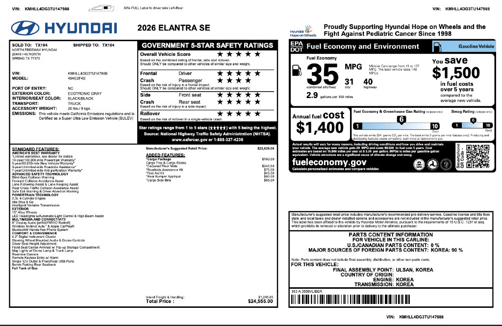 Certified 2026 Hyundai Elantra SE w/ Cargo Package FWD image 3