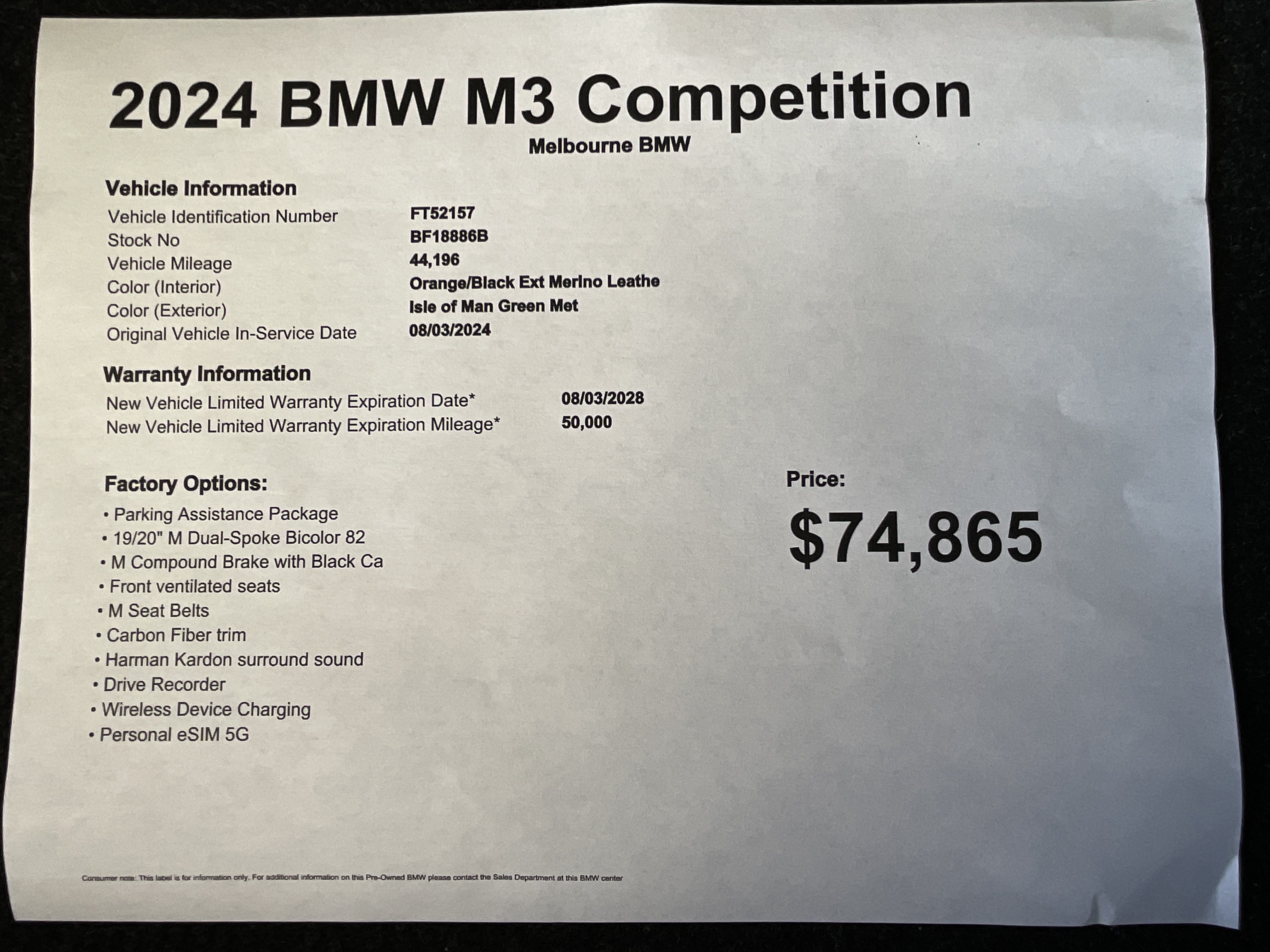 Used 2024 BMW M3 Competition w/ Parking Assistance Package RWD image 35